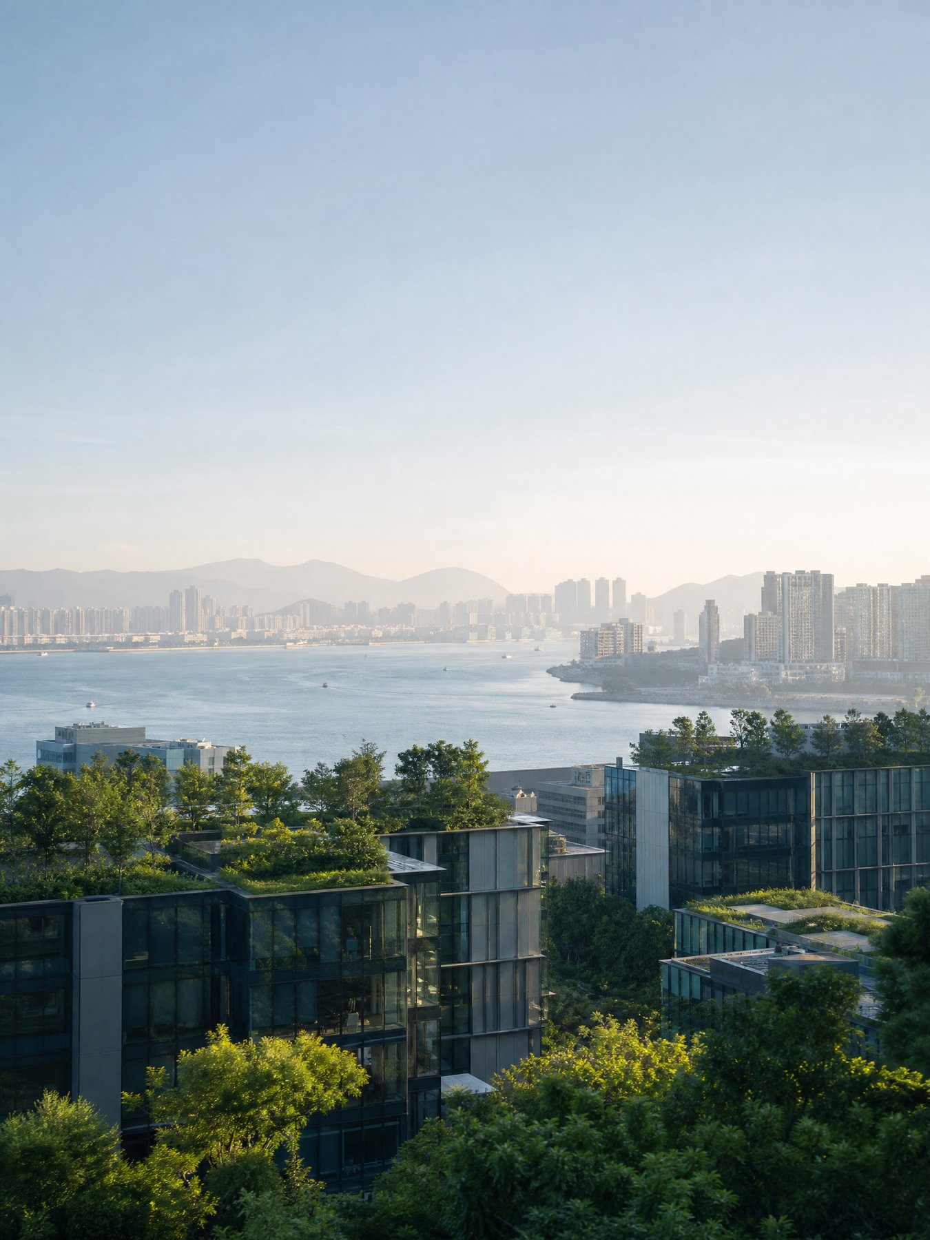 有綠化建築與海灣景觀的城市概念影像